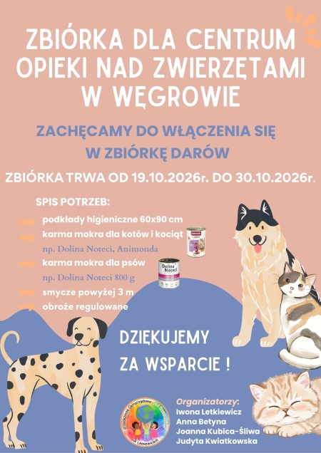 ZBIÓRKA DARÓW DLA CENTRUM OPIEKI NAD ZWIERZĘTAMI W WĘGROWIE